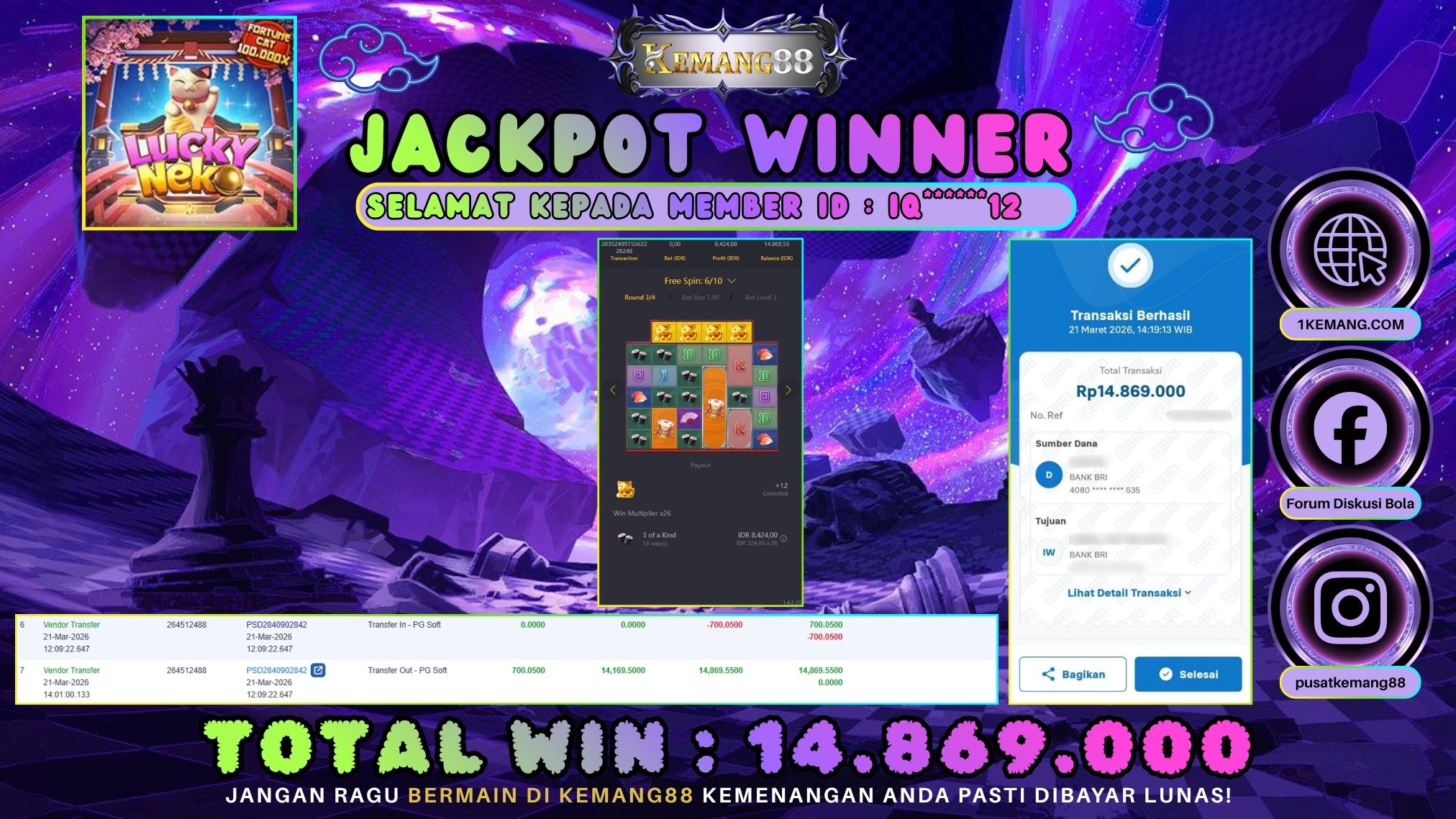 KEMANG88 [21 Maret 2026] : JACKPOT SLOT : LUCKY NEKO [PG] Rp. 14.869.000.,- LUNAS